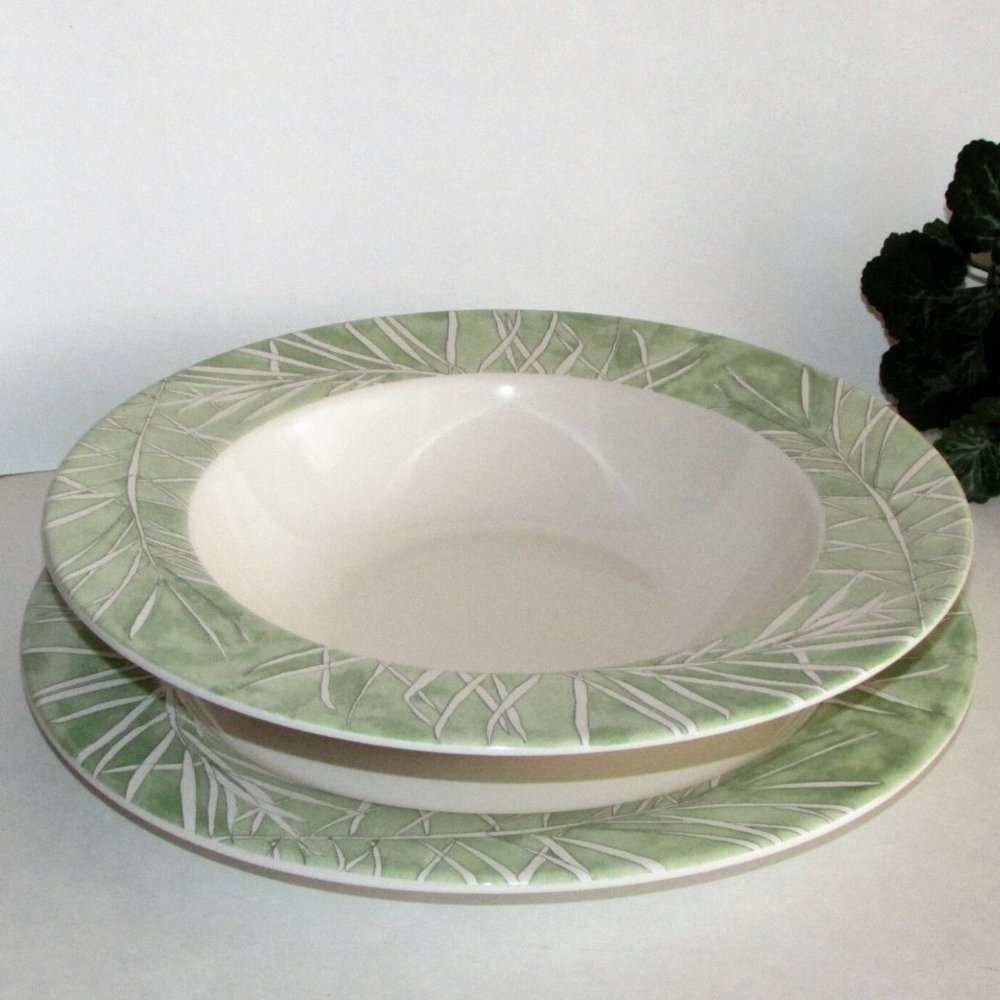 Pfaltzgraff 2 pcs Aspen Arborwood 11" Plate & Soup Bowl Green White Leaf Rim